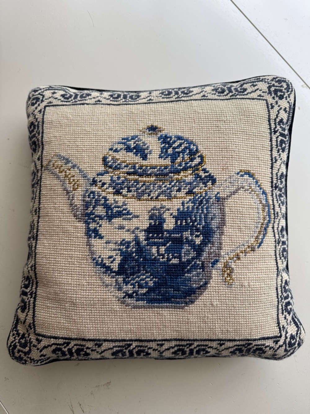 Needlepoint Teapot Throw Pillow in Blue and Cream 14”x14” w/ down&feather insert